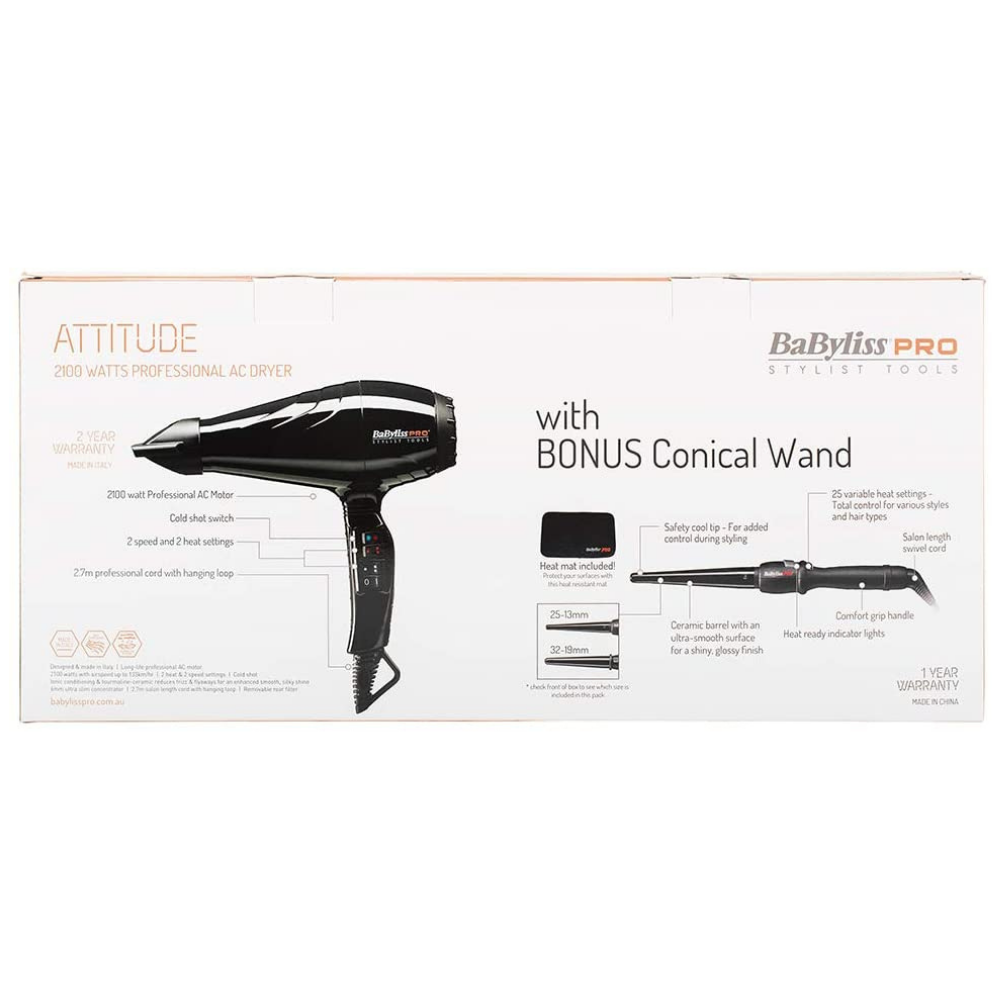 BaBylissPRO Attitude Hair Dryer + Ceramic Black Conical Wand 32-19mm Package back