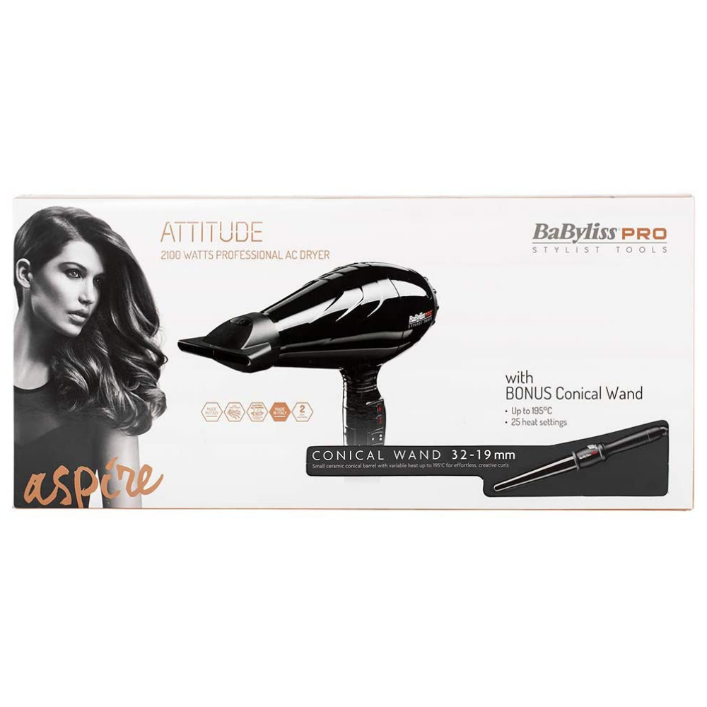 BaBylissPRO Attitude Hair Dryer + Ceramic Black Conical Wand 32-19mm Package